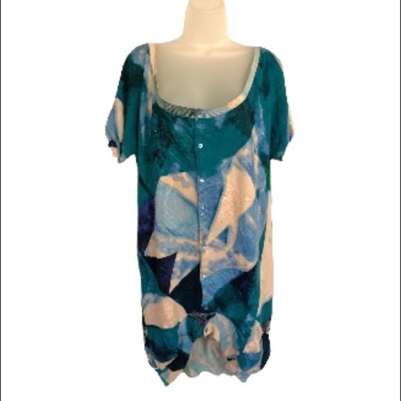 CUSTO BARCELONA Short Sleeve Scooped Neck HiLow Bruch Stroke Print Cardi… - Picture 10 of 13